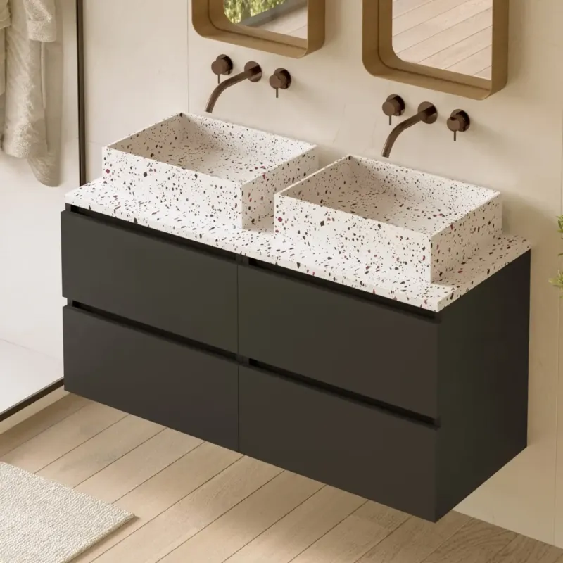 Fontana Terrazzo badmeubel 120cm mat zwart met rechthoekige waskommen en toppaneel Bestel Nu
