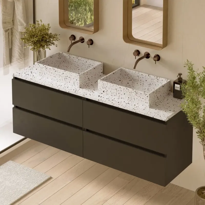 Fontana Terrazzo badmeubel 160cm mat zwart met rechthoekige waskommen en toppaneel Gratis Retour