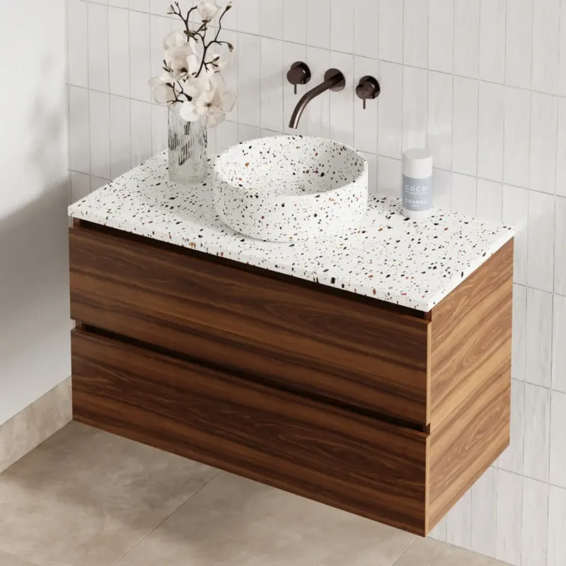 Voordeelprijs Fontana Terrazzo badmeubel 100cm walnoot met ronde waskom en toppaneel