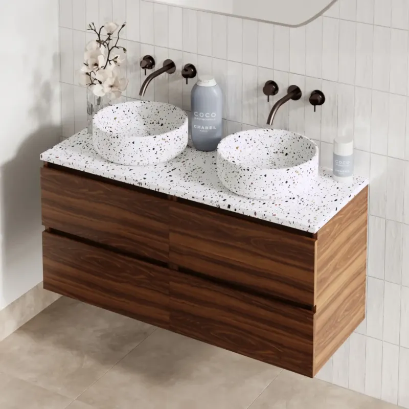 Nieuw Fontana Terrazzo badmeubel 120cm walnoot met ronde waskommen en toppaneel