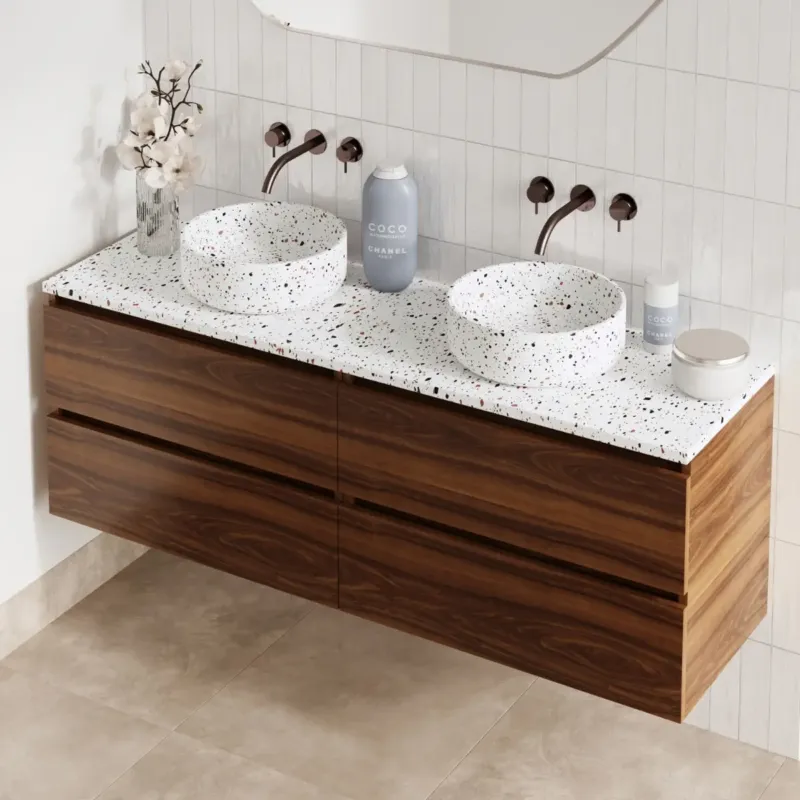 Fontana Terrazzo badmeubel 160cm walnoot met ronde waskommen en toppaneel Must-Have
