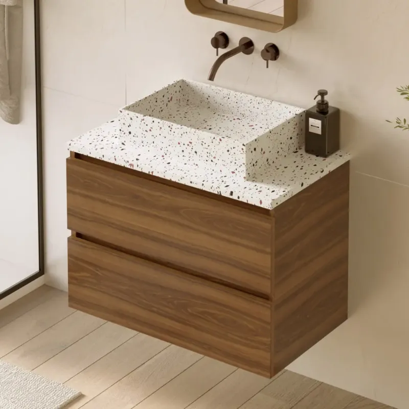 Favoriet Fontana Terrazzo badmeubel 80cm walnoot met rechthoekige waskom en toppaneel