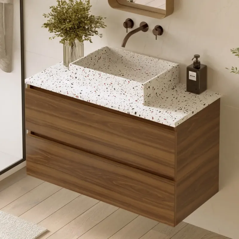 Fontana Terrazzo badmeubel 100cm walnoot met rechthoekige waskom en toppaneel Bestseller
