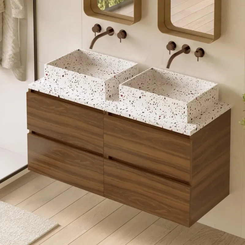 Dagaanbieding Fontana Terrazzo badmeubel 120cm walnoot met rechthoekige waskommen en toppaneel