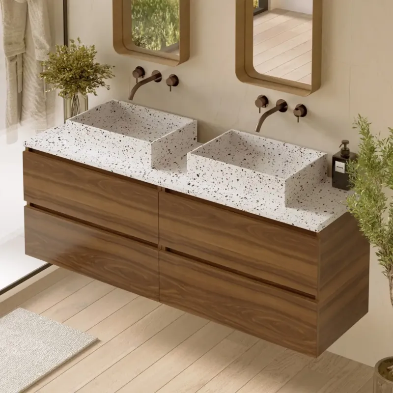 Populair Fontana Terrazzo badmeubel 160cm walnoot met rechthoekige waskommen en toppaneel