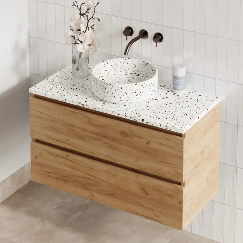Fontana Terrazzo badmeubel 100cm warm eiken met ronde waskom en toppaneel Fabrieksprijs