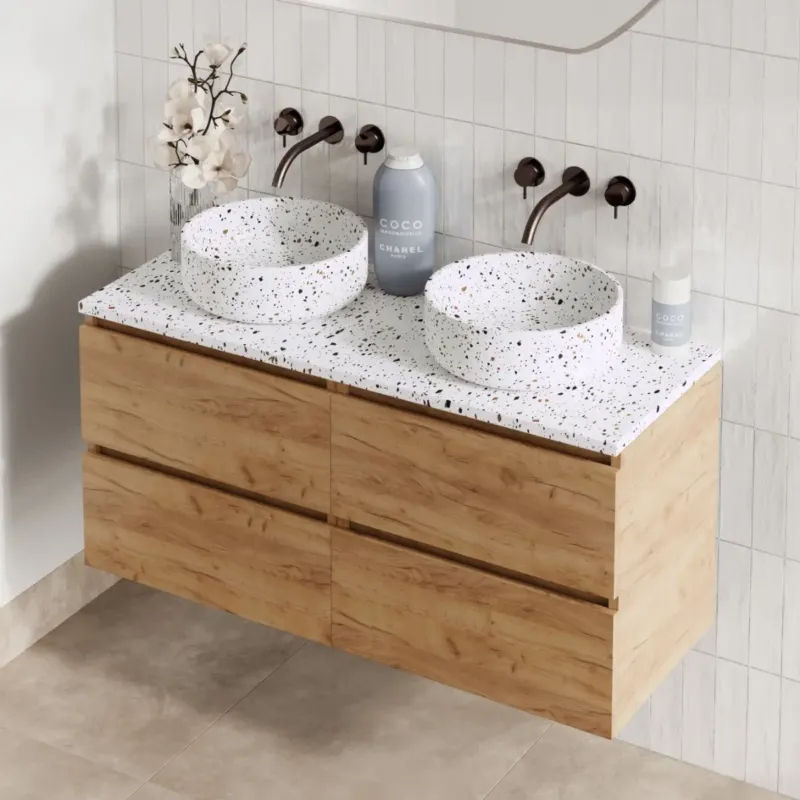 Fontana Terrazzo badmeubel 120cm warm eiken met ronde waskommen en toppaneel Superprijs
