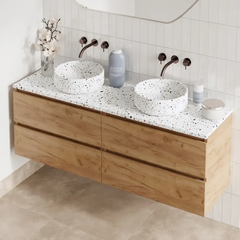Fontana Terrazzo badmeubel 160cm warm eiken met ronde waskommen en toppaneel Goedkoop