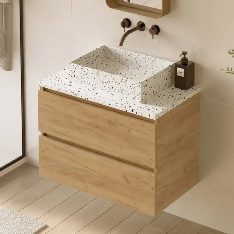 Fontana Terrazzo badmeubel 80cm warm eiken met rechthoekige waskom en toppaneel Bestseller