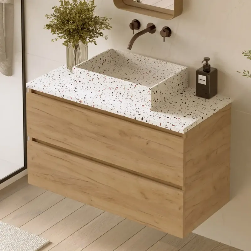 Fontana Terrazzo badmeubel 100cm warm eiken met rechthoekige waskom en toppaneel Dagaanbieding