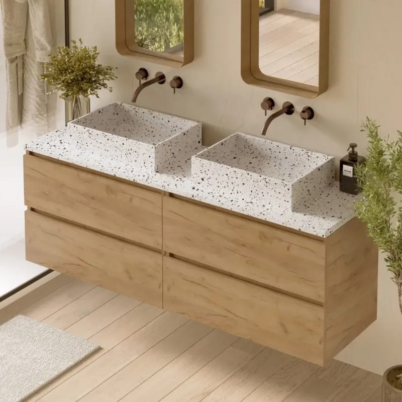 Betrouwbaar Fontana Terrazzo badmeubel 160cm warm eiken met rechthoekige waskommen en toppaneel