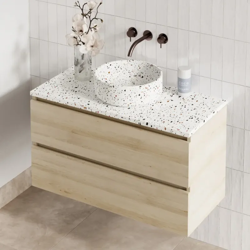 Fontana Terrazzo badmeubel 100cm beach eiken met ronde waskom en toppaneel Weekendaanbieding
