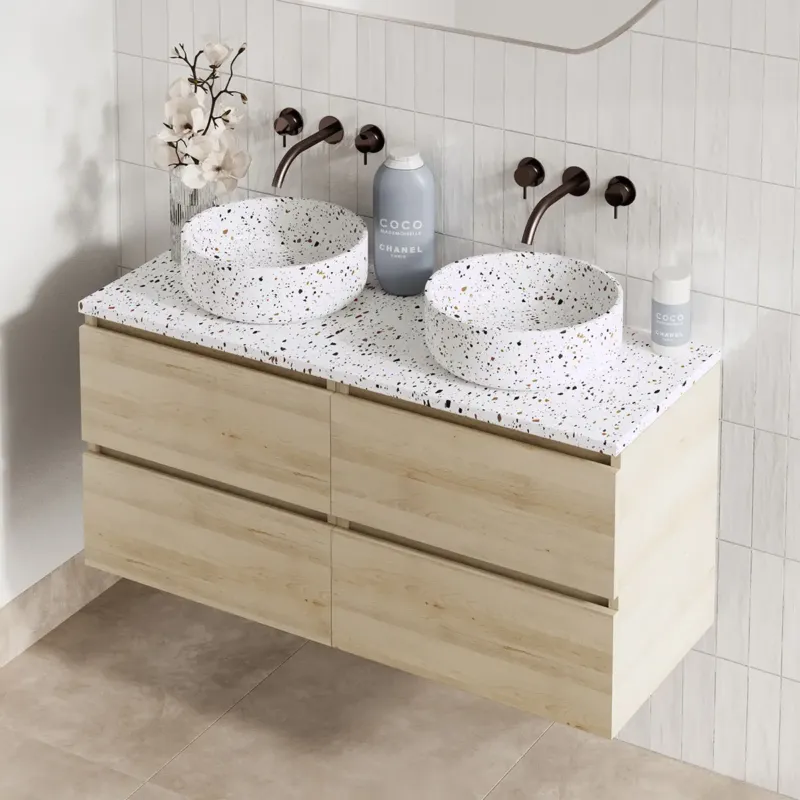 Exclusieve Aanbieding Fontana Terrazzo badmeubel 120cm beach eiken met ronde waskommen en toppaneel