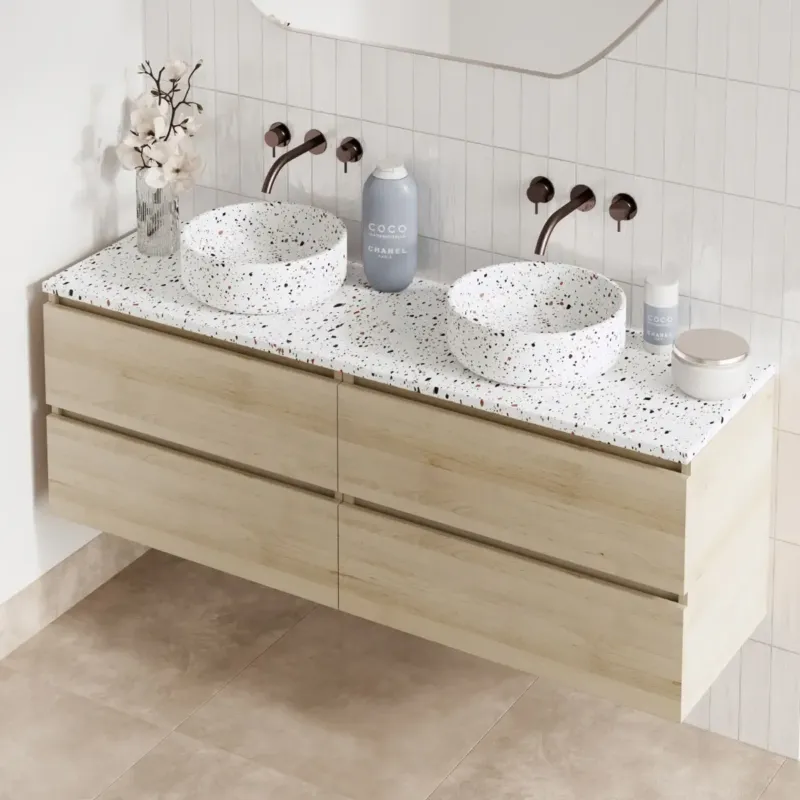 Fontana Terrazzo badmeubel 160cm beach eiken met ronde waskommen en toppaneel Lage Kosten
