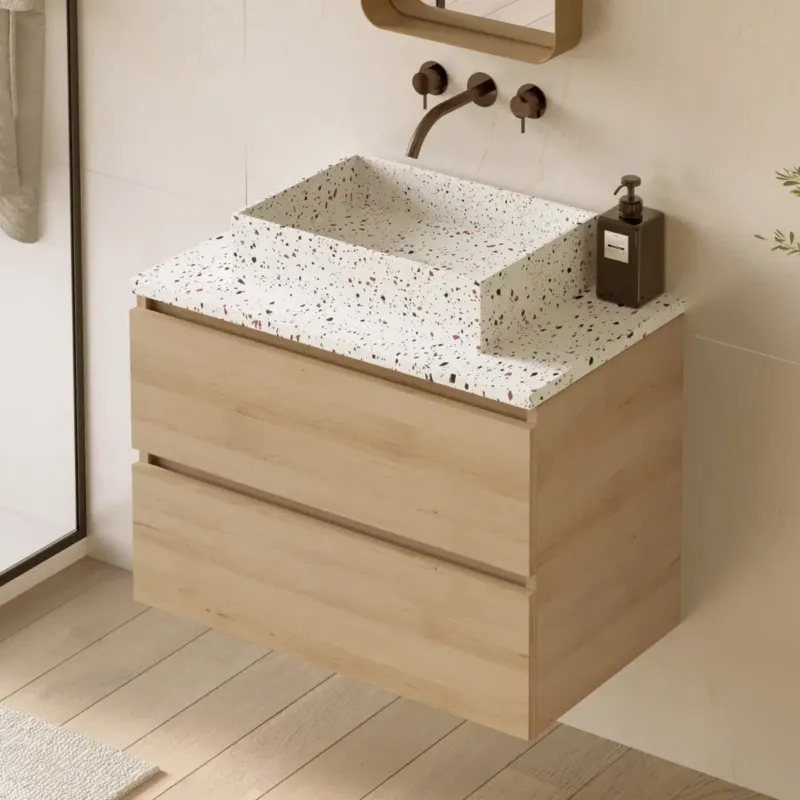 Superprijs Fontana Terrazzo badmeubel 80cm beach eiken met rechthoekige waskom en toppaneel