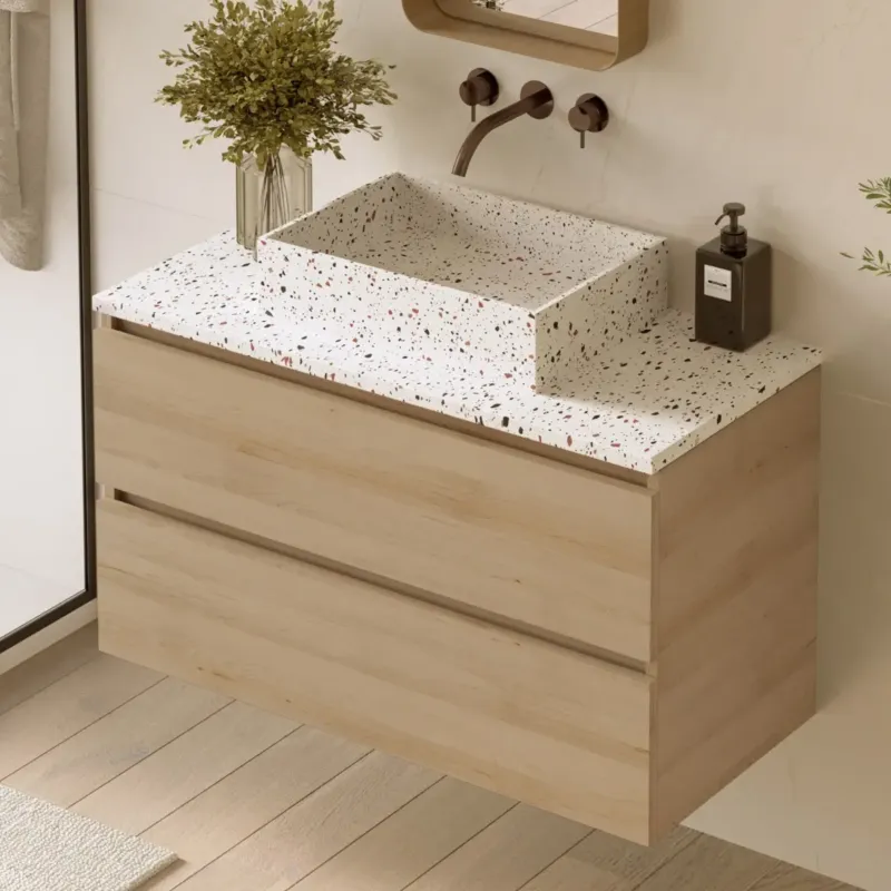 Fontana Terrazzo badmeubel 100cm beach eiken met rechthoekige waskom en toppaneel Koopje