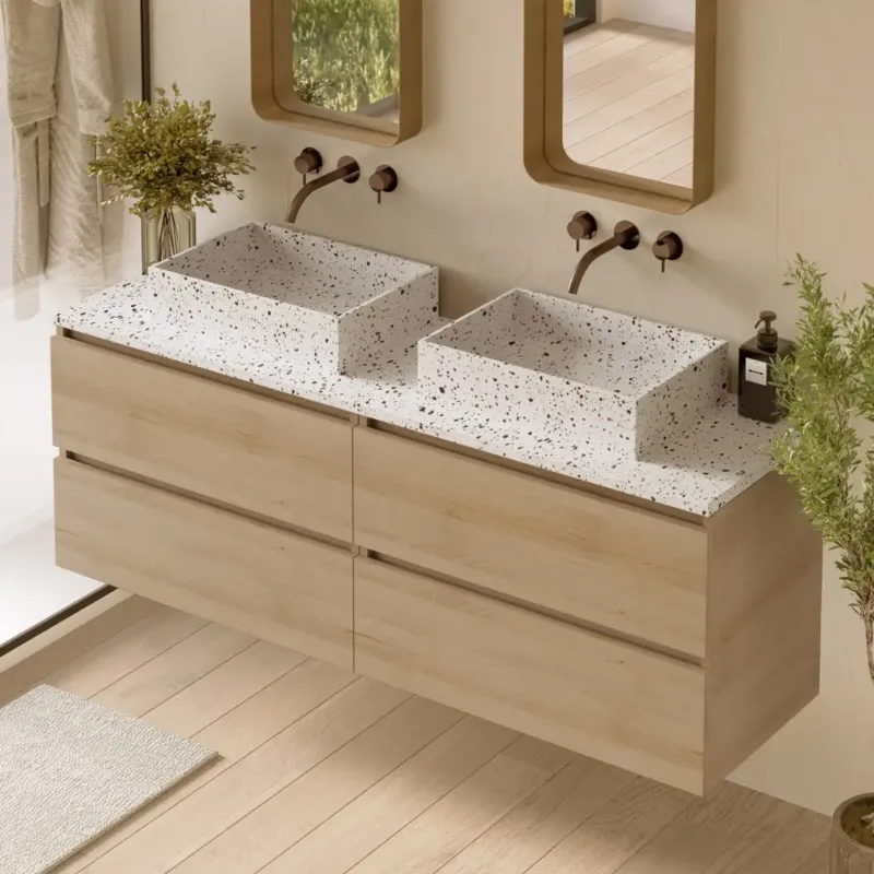Populair Fontana Terrazzo badmeubel 160cm beach eiken met rechthoekige waskommen en toppaneel