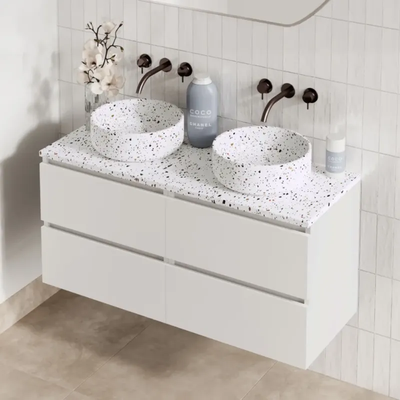 Fontana Terrazzo badmeubel 120cm mat wit met ronde waskommen en toppaneel Beperkte Voorraad