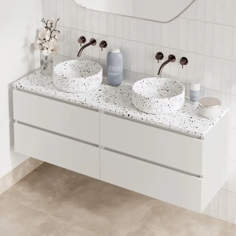 Fontana Terrazzo badmeubel 160cm mat wit met ronde waskommen en toppaneel Weekendaanbieding