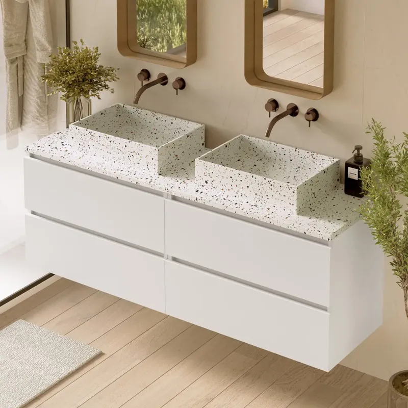 Betaalbaar Fontana Terrazzo badmeubel 160cm mat wit met rechthoekige waskommen en toppaneel