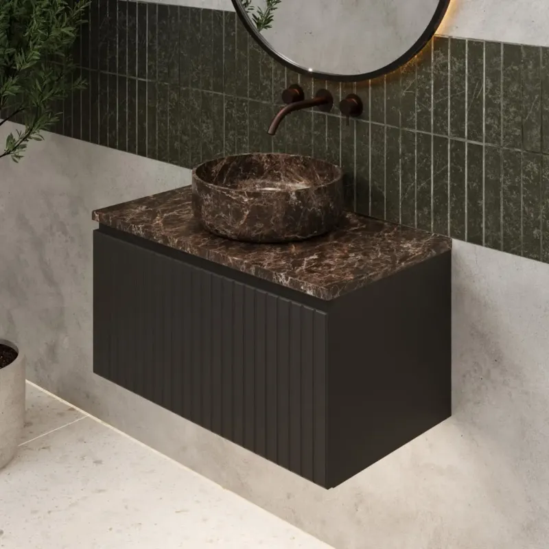 Fontana Dark Emperador ribbelfront badmeubel 80cm mat zwart met ronde waskom en toppaneel Koop Online
