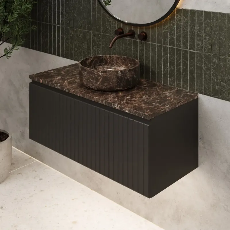 Bestseller Fontana Dark Emperador ribbelfront badmeubel 100cm mat zwart met ronde waskom en toppaneel