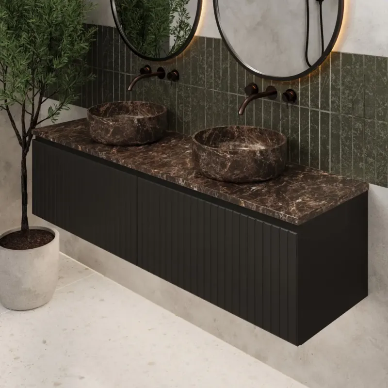 Fontana Dark Emperador ribbelfront badmeubel 160cm mat zwart met ronde waskommen en toppaneel Korting