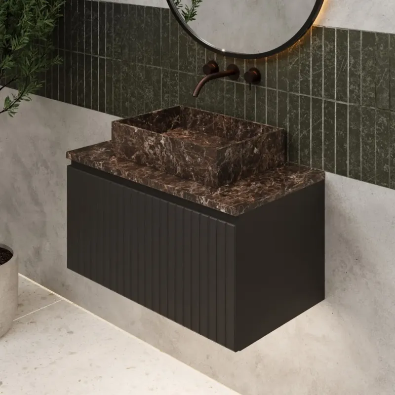Express Levering Fontana Dark Emperador ribbelfront badmeubel 80cm mat zwart met rechthoekige waskom en toppaneel