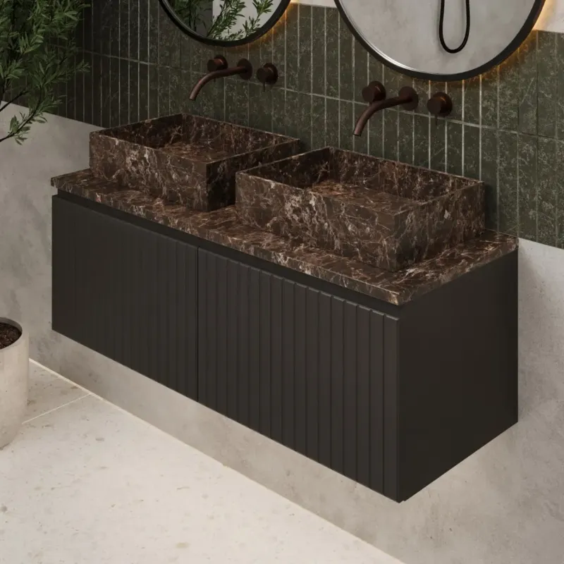 Fontana Dark Emperador ribbelfront badmeubel 120cm mat zwart met rechthoekige waskommen en toppaneel Direct Beschikbaar
