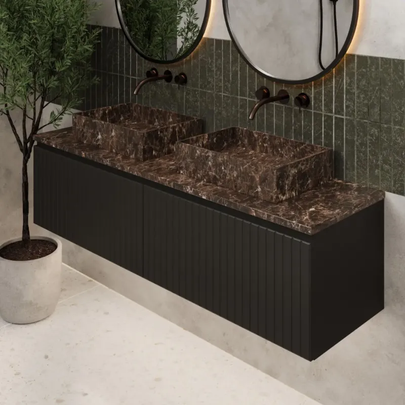 Superprijs Fontana Dark Emperador ribbelfront badmeubel 160cm mat zwart met rechthoekige waskommen en toppaneel