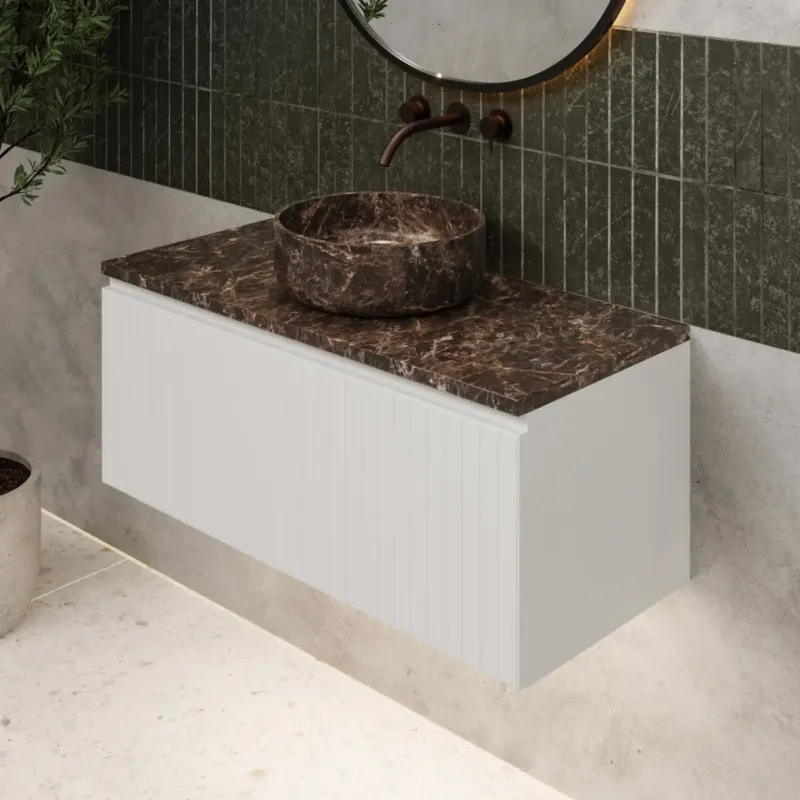 Direct Beschikbaar Fontana Dark Emperador ribbelfront badmeubel 100cm mat wit met ronde waskom en toppaneel