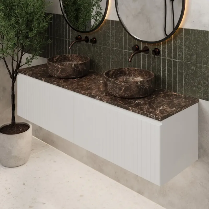 Fontana Dark Emperador ribbelfront badmeubel 160cm mat wit met ronde waskommen en toppaneel Laatste Versie