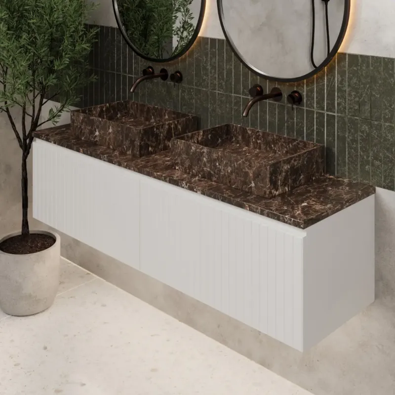 Fontana Dark Emperador ribbelfront badmeubel 160cm mat wit met rechthoekige waskommen en toppaneel Korting