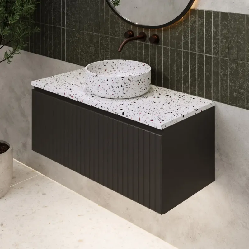 Fontana Terrazzo ribbelfront badmeubel 100cm mat zwart met ronde waskom en toppaneel Direct Beschikbaar
