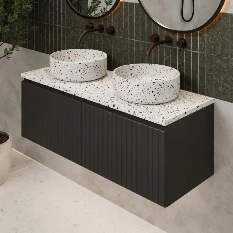 Laatste Kans Fontana Terrazzo ribbelfront badmeubel 120cm mat zwart met ronde waskommen en toppaneel