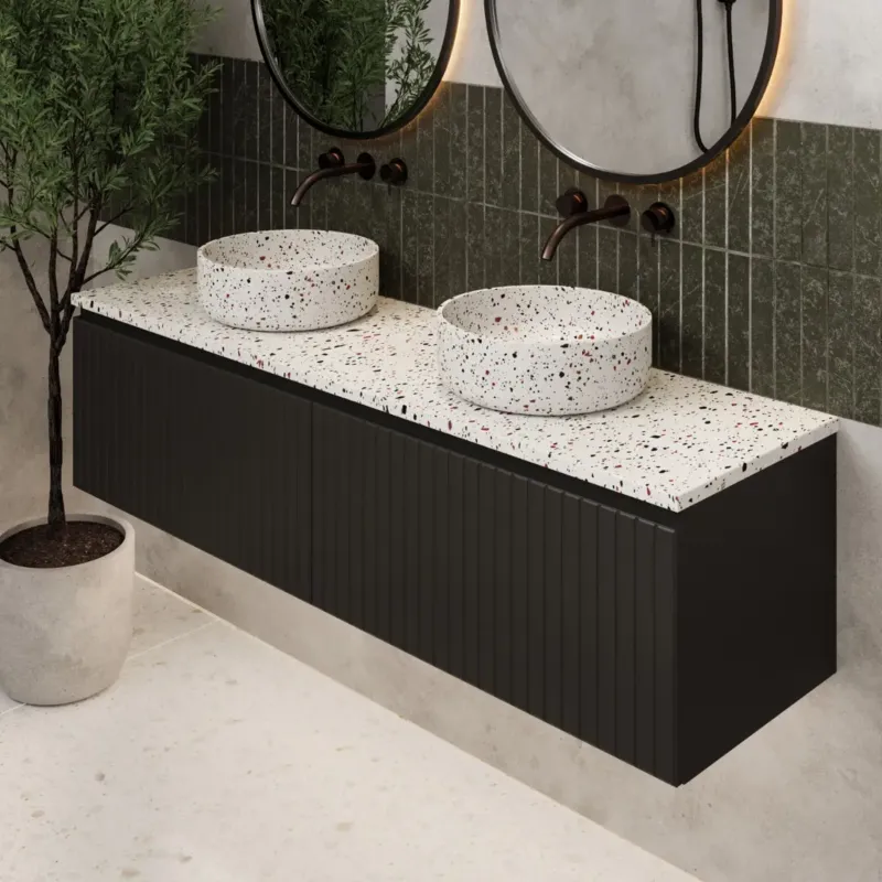 Op = Op Fontana Terrazzo ribbelfront badmeubel 160cm mat zwart met ronde waskommen en toppaneel