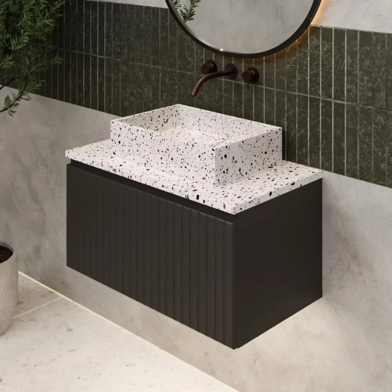 Fontana Terrazzo ribbelfront badmeubel 80cm mat zwart met rechthoekige waskom en toppaneel Lage Kosten