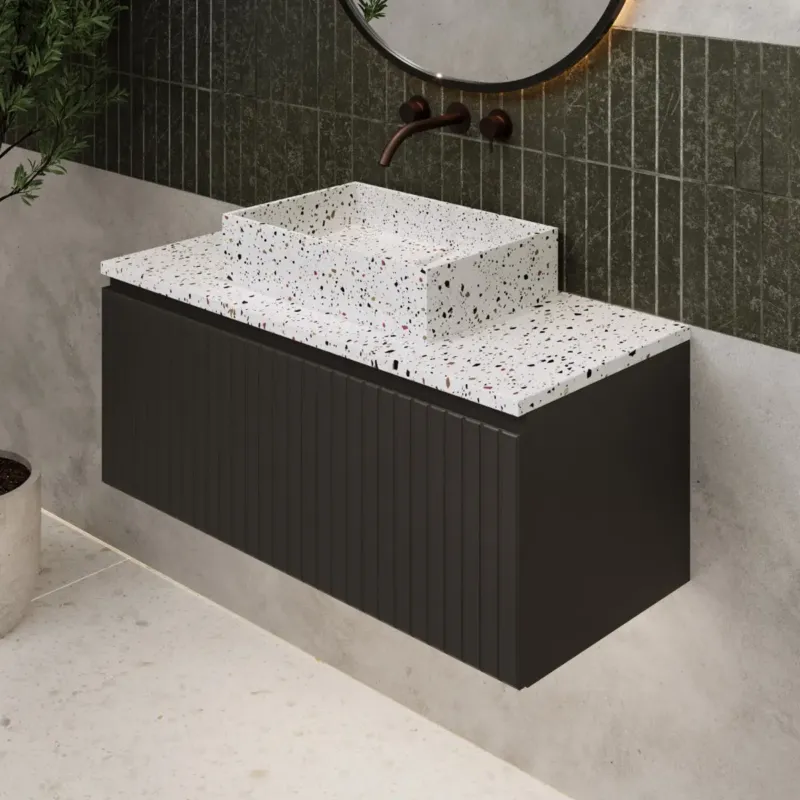Fontana Terrazzo ribbelfront badmeubel 100cm mat zwart met rechthoekige waskom en toppaneel Betaalbaar