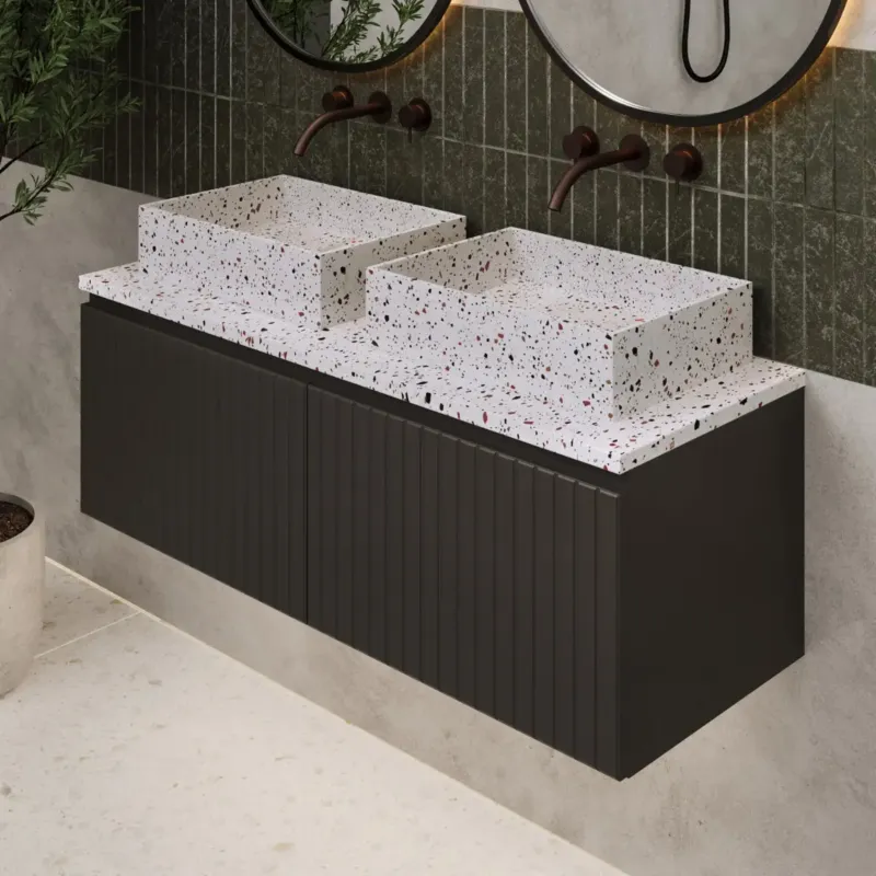 Fontana Terrazzo ribbelfront badmeubel 120cm mat zwart met rechthoekige waskommen en toppaneel Finale Uitverkoop