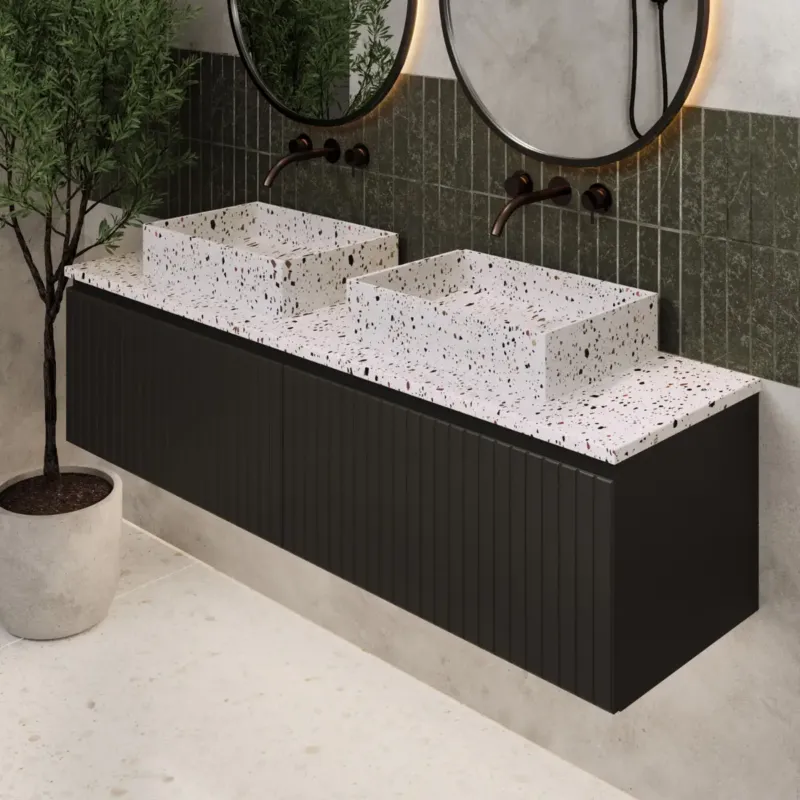 Nieuw Fontana Terrazzo ribbelfront badmeubel 160cm mat zwart met rechthoekige waskommen en toppaneel