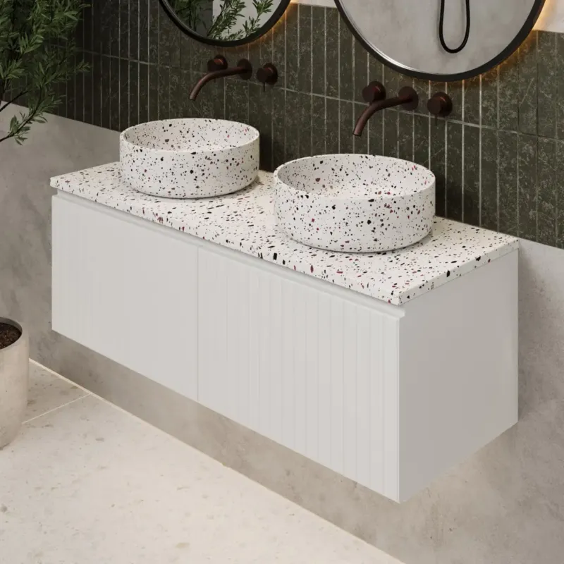 Fontana Terrazzo ribbelfront badmeubel 120cm mat wit met ronde waskommen en toppaneel Betaalbaar