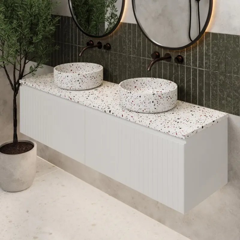 Lage Prijs Fontana Terrazzo ribbelfront badmeubel 160cm mat wit met ronde waskommen en toppaneel