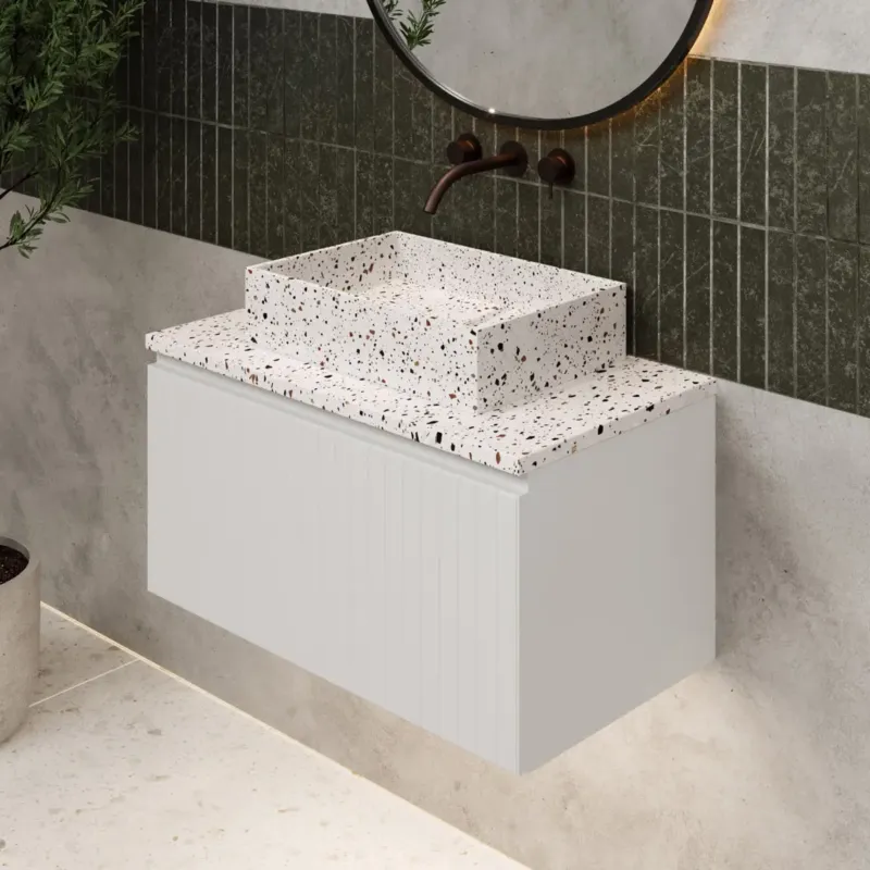 Tijdelijk Beschikbaar Fontana Terrazzo ribbelfront badmeubel 80cm mat wit met rechthoekige waskom en toppaneel