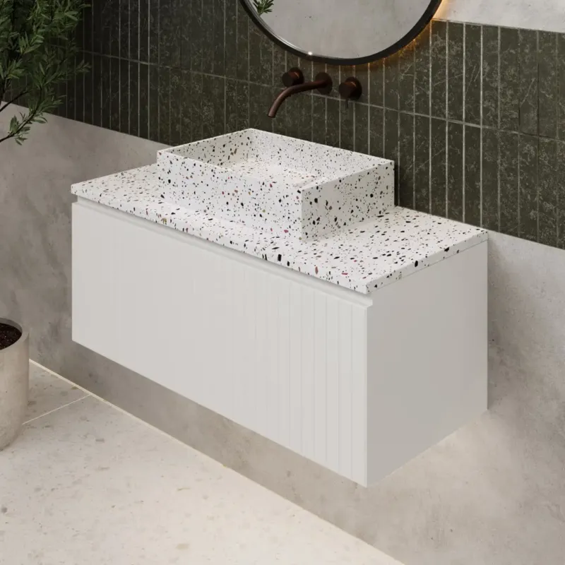 Fontana Terrazzo ribbelfront badmeubel 100cm mat wit met rechthoekige waskom en toppaneel Beste Prijs