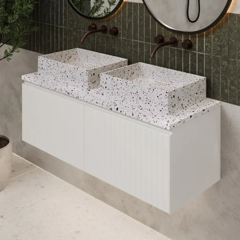 Fontana Terrazzo ribbelfront badmeubel 120cm mat wit met rechthoekige waskommen en toppaneel Nieuw