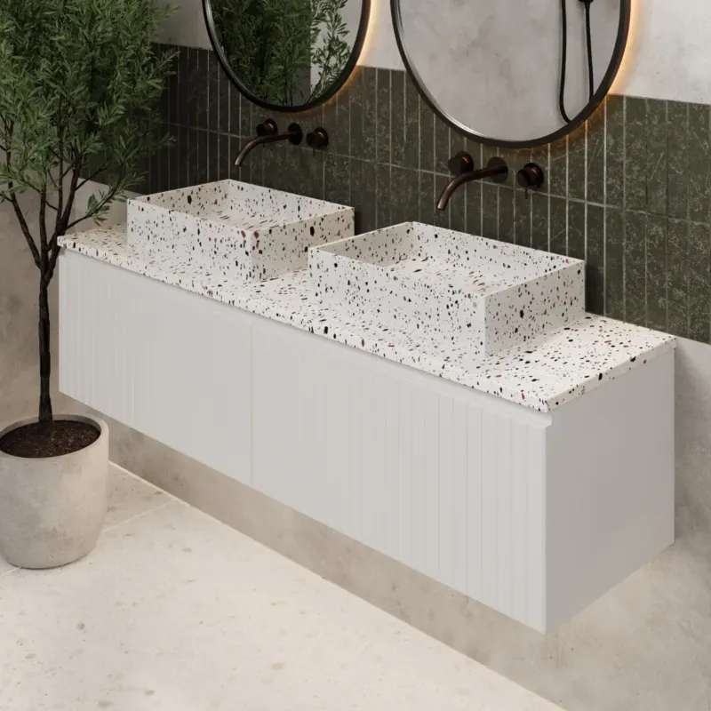 Beperkt Aanbod Fontana Terrazzo ribbelfront badmeubel 160cm mat wit met rechthoekige waskommen en toppaneel