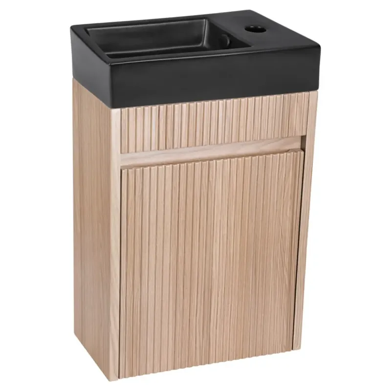 Populair Differnz Hura toiletmeubel ribbelfront eiken met keramische fontein zwart mat