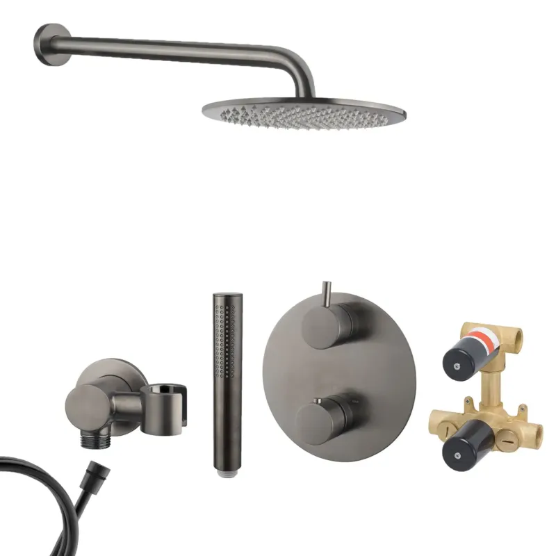 Voordeelprijs Mueller Ferro inbouw regendouche rond met 30cm hoofddouche en muurarm 35cm gunmetal - verouderd ijzer