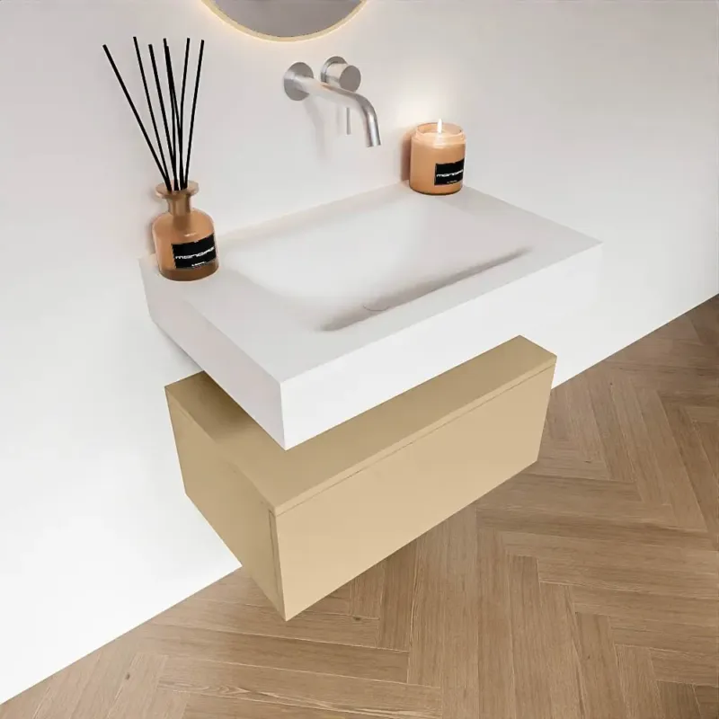 Premium Zaro Alan badmeubel 70cm sand met 1 lade en vrijhangende wastafel midden zonder kraangat wit mat
