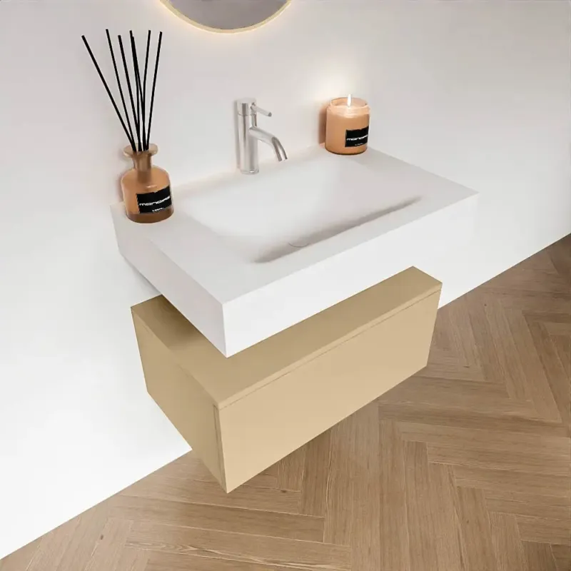 Zaro Alan badmeubel 70cm sand met 1 lade en vrijhangende wastafel midden met kraangat wit mat Veilige Betaling